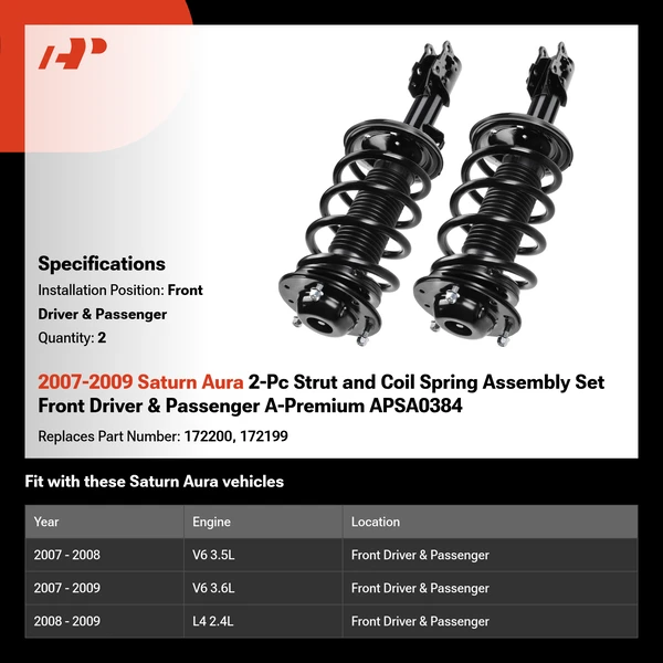 2007-2009 Saturn Aura 2-Pc Strut and Coil Spring Assembly Set Front Driver & Passenger A-Premium APSA0384