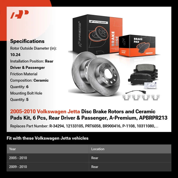 2005-2010 Volkswagen Jetta Disc Brake Rotors and Ceramic Pads Kit, 6 Pcs, Rear Driver & Passenger, A-Premium, APBRPR213