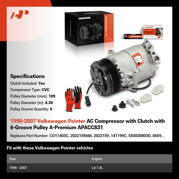 1998-2007 Volkswagen Pointer AC Compressor with Clutch with 6-Groove Pulley A-Premium APACC831