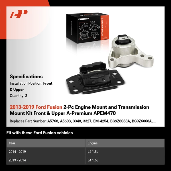 2013-2019 Ford Fusion 2-Pc Engine Mount and Transmission Mount Kit Front & Upper A-Premium APEM470