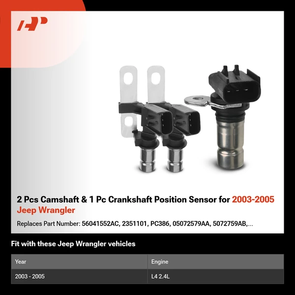 2 Pcs Camshaft & 1 Pc Crankshaft Position Sensor for 2003-2005 Jeep Wrangler