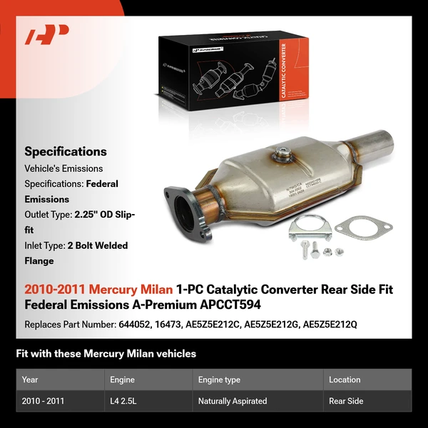 2010-2011 Mercury Milan 1-PC Catalytic Converter Rear Side Fit Federal Emissions A-Premium APCCT594