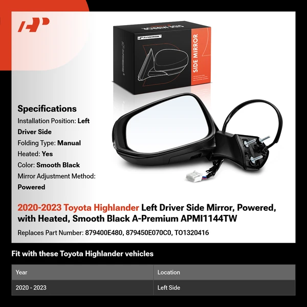 2020-2023 Toyota Highlander Left Driver Side Mirror, Powered, with Heated, Smooth Black A-Premium APMI1144TW