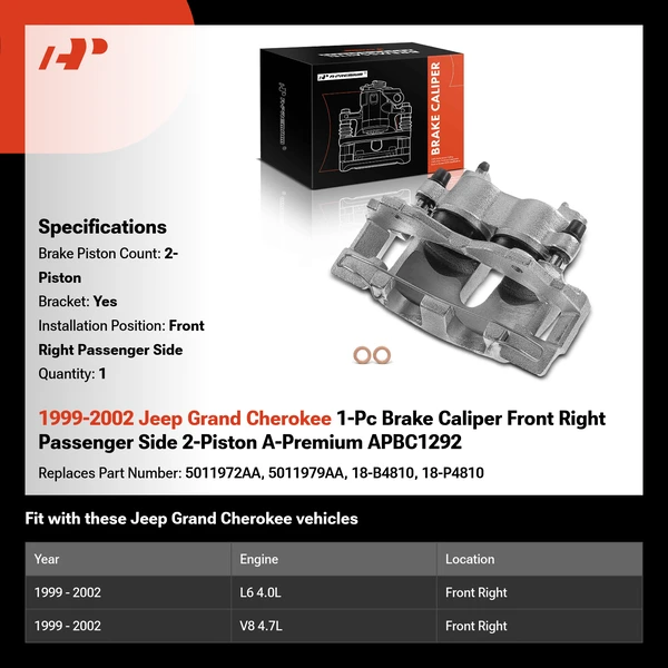 1999-2002 Jeep Grand Cherokee 1-Pc Brake Caliper Front Right Passenger Side 2-Piston A-Premium APBC1292