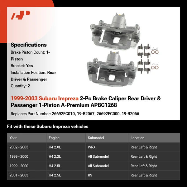 1999-2003 Subaru Impreza 2-Pc Brake Caliper Rear Driver & Passenger 1-Piston A-Premium APBC1268