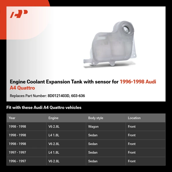 Engine Coolant Expansion Tank with sensor for 1996-1998 Audi A4 Quattro