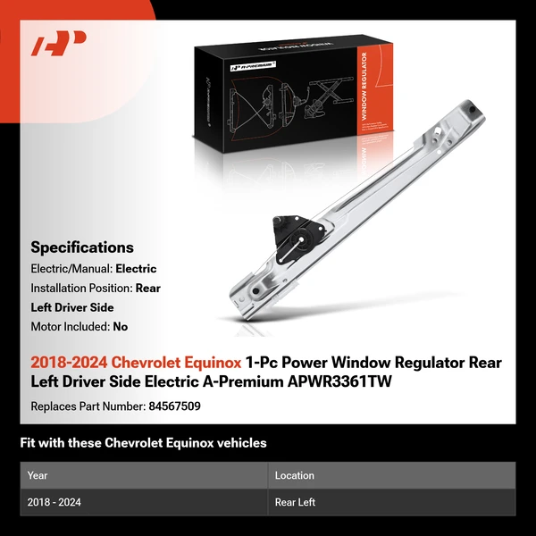 2018-2024 Chevrolet Equinox 1-Pc Power Window Regulator Rear Left Driver Side Electric A-Premium APWR3361TW