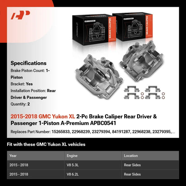 2015-2018 GMC Yukon XL 2-Pc Brake Caliper Rear Driver & Passenger 1-Piston A-Premium APBC0541