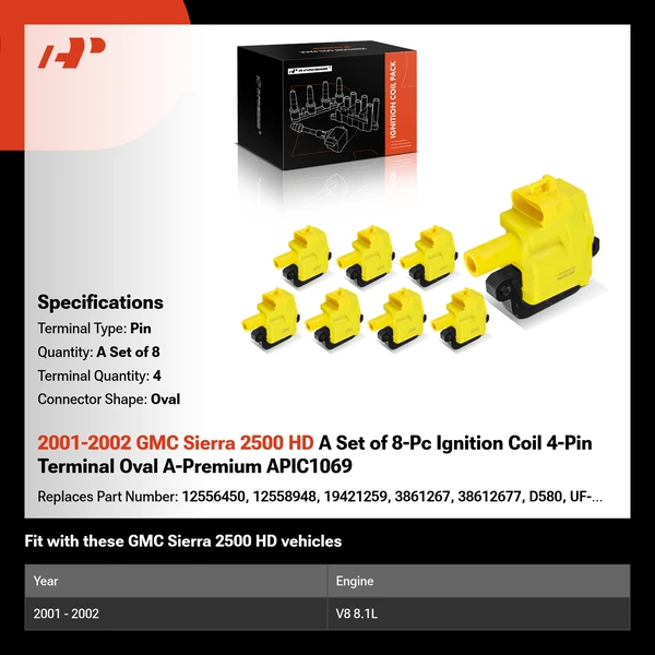 2001-2002 GMC Sierra 2500 HD A Set of 8-Pc Ignition Coil 4-Pin Terminal Oval A-Premium APIC1069