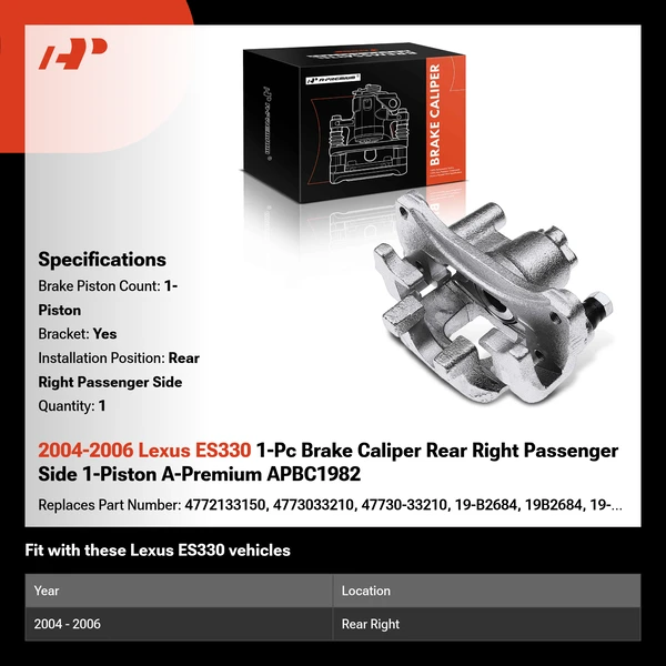 2004-2006 Lexus ES330 1-Pc Brake Caliper Rear Right Passenger Side 1-Piston A-Premium APBC1982
