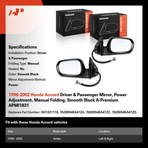 1998-2002 Honda Accord Driver & Passenger Mirror, Power Adjustment, Manual Folding, Smooth Black A-Premium APMI1831