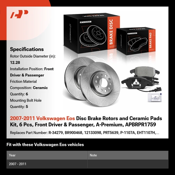 2007-2011 Volkswagen Eos Disc Brake Rotors and Ceramic Pads Kit, 6 Pcs, Front Driver & Passenger, A-Premium, APBRPR1759
