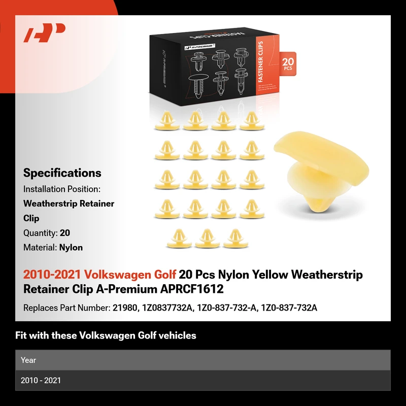2010-2021 Volkswagen Golf 20 Pcs Nylon Yellow Weatherstrip Retainer Clip A-Premium APRCF1612