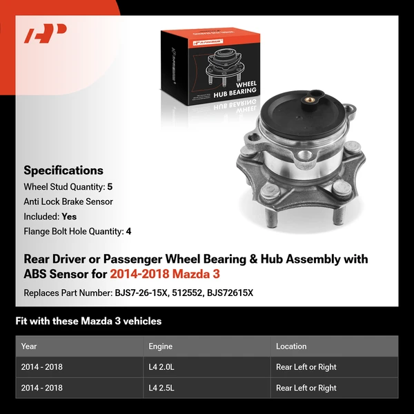 Rear Driver or Passenger Wheel Bearing & Hub Assembly with ABS Sensor for 2014-2018 Mazda 3