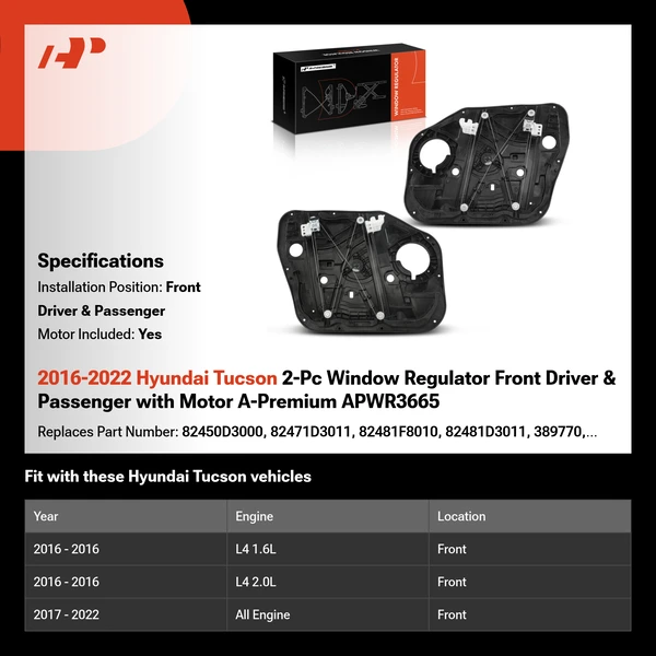 2016-2022 Hyundai Tucson 2-Pc Window Regulator Front Driver & Passenger with Motor A-Premium APWR3665