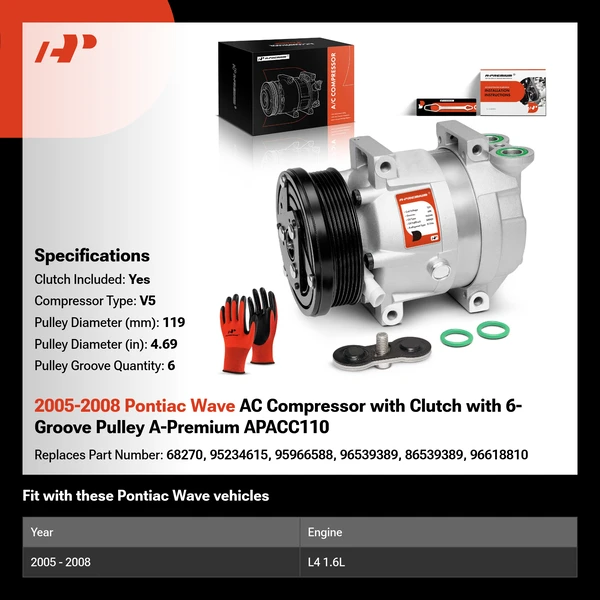 2005-2008 Pontiac Wave AC Compressor with Clutch with 6-Groove Pulley A-Premium APACC110