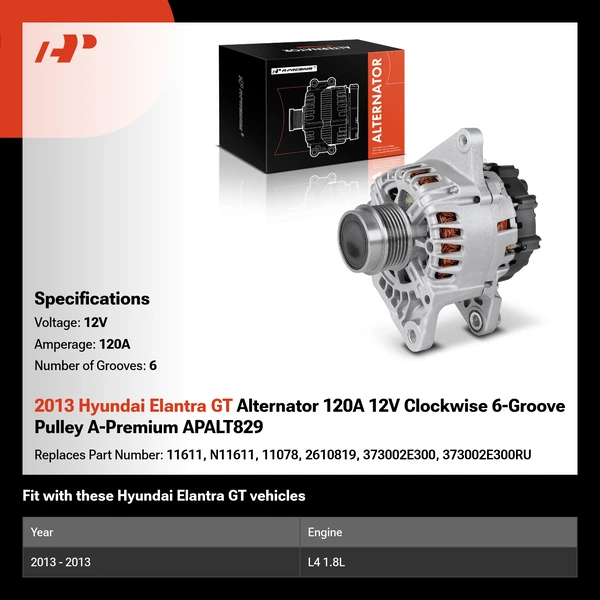 2013 Hyundai Elantra GT Alternator 120A 12V Clockwise 6-Groove Pulley A-Premium APALT829