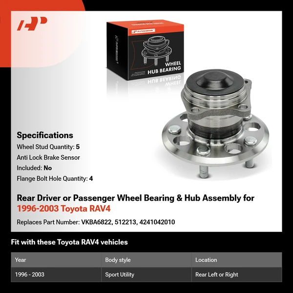 Rear Driver or Passenger Wheel Bearing & Hub Assembly for 1996-2003 Toyota RAV4
