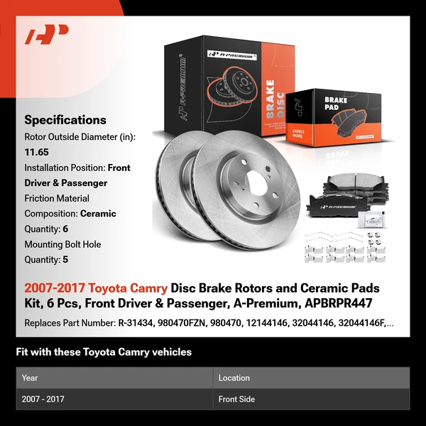 2007-2017 Toyota Camry Disc Brake Rotors and Ceramic Pads Kit, 6 Pcs, Front Driver & Passenger, A-Premium, APBRPR447