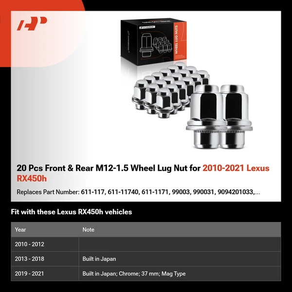 20 Pcs Front & Rear M12-1.5 Wheel Lug Nut for 2010-2021 Lexus RX450h