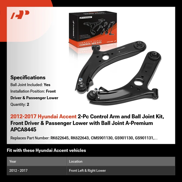 2012-2017 Hyundai Accent 2-Pc Control Arm and Ball Joint Kit, Front Driver & Passenger Lower with Ball Joint A-Premium APCA8445