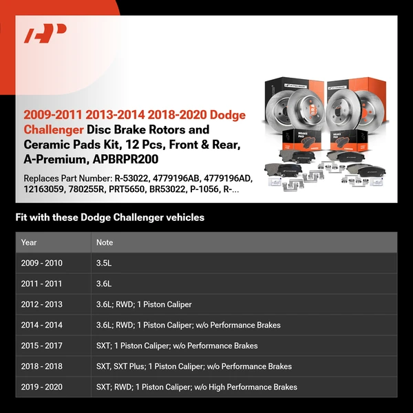 2009-2011 2013-2014 2018-2020 Dodge Challenger Disc Brake Rotors and Ceramic Pads Kit, 12 Pcs, Front & Rear, A-Premium, APBRPR200