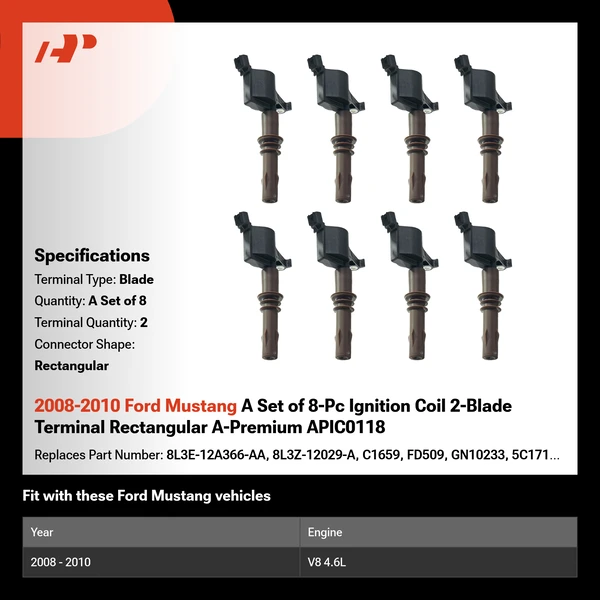2008-2010 Ford Mustang A Set of 8-Pc Ignition Coil 2-Blade Terminal Rectangular A-Premium APIC0118