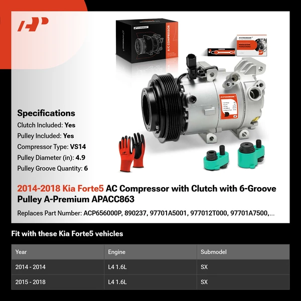 2014-2018 Kia Forte5 AC Compressor with Clutch with 6-Groove Pulley A-Premium APACC863