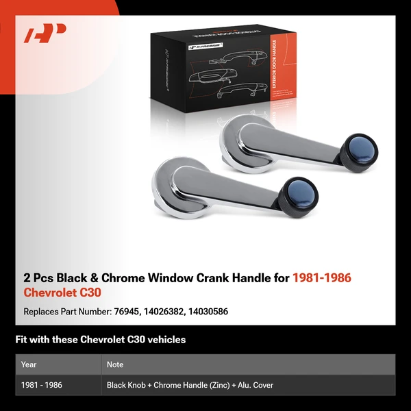 2 Pcs Black & Chrome Window Crank Handle for 1981-1986 Chevrolet C30