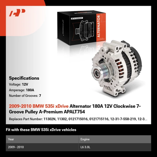 2009-2010 BMW 535i xDrive Alternator 180A 12V Clockwise 7-Groove Pulley A-Premium APALT754