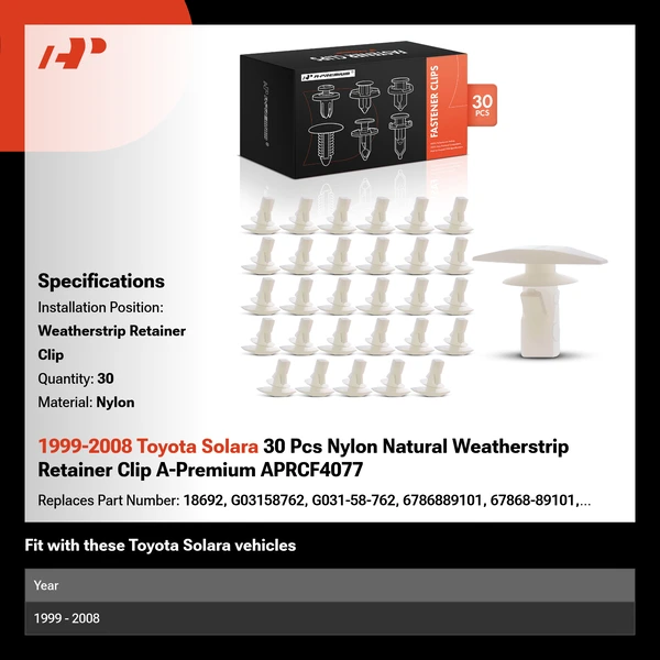 1999-2008 Toyota Solara 30 Pcs Nylon Natural Weatherstrip Retainer Clip A-Premium APRCF4077