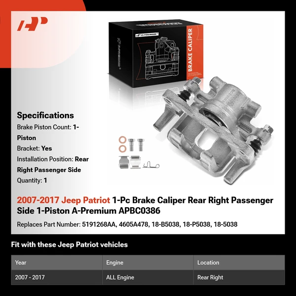 2007-2017 Jeep Patriot 1-Pc Brake Caliper Rear Right Passenger Side 1-Piston A-Premium APBC0386