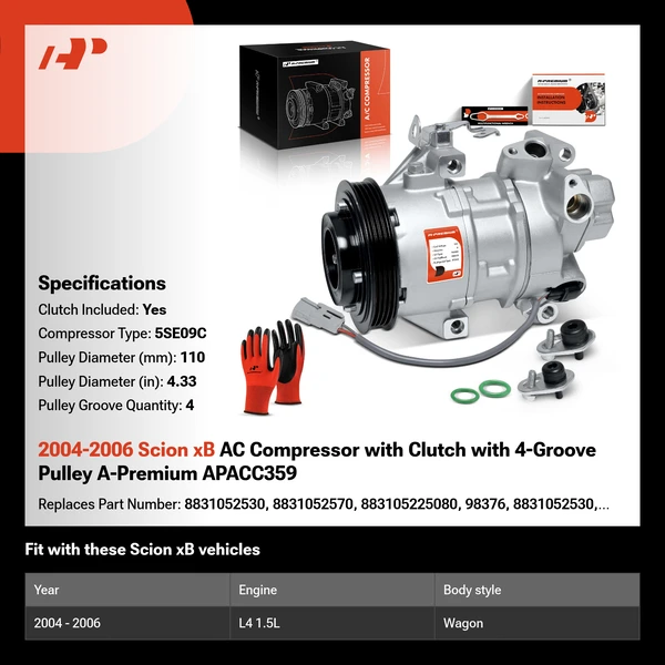 2004-2006 Scion xB AC Compressor with Clutch with 4-Groove Pulley A-Premium APACC359