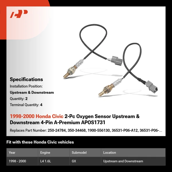 1998-2000 Honda Civic 2-Pc Oxygen Sensor Upstream & Downstream 4-Pin A-Premium APOS1731