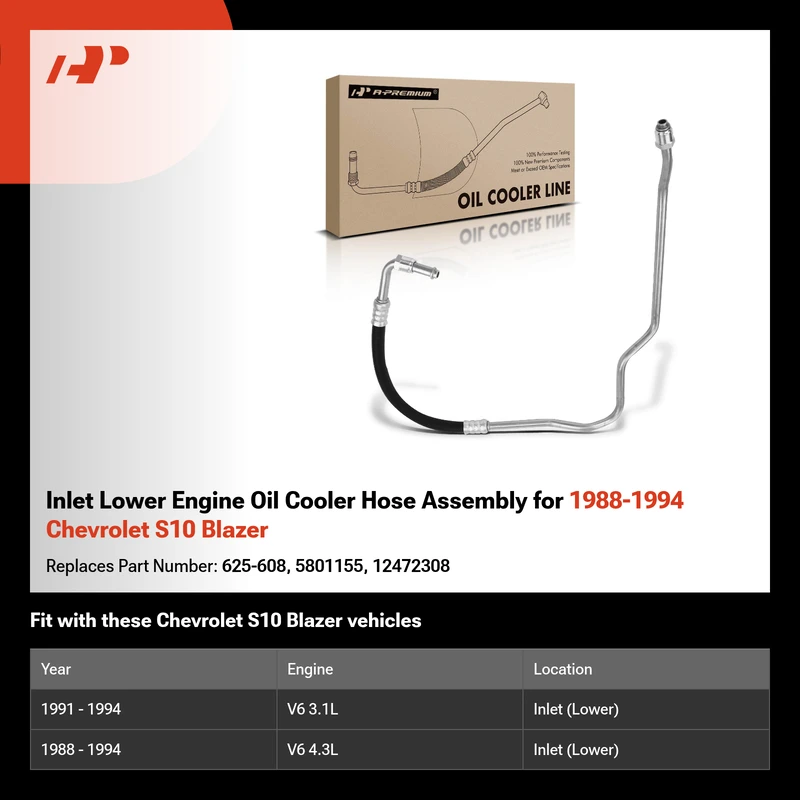 Inlet Lower Engine Oil Cooler Hose Assembly for 1988-1994 Chevrolet S10 Blazer