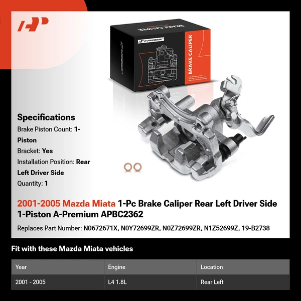 2001-2005 Mazda Miata 1-Pc Brake Caliper Rear Left Driver Side 1-Piston A-Premium APBC2362