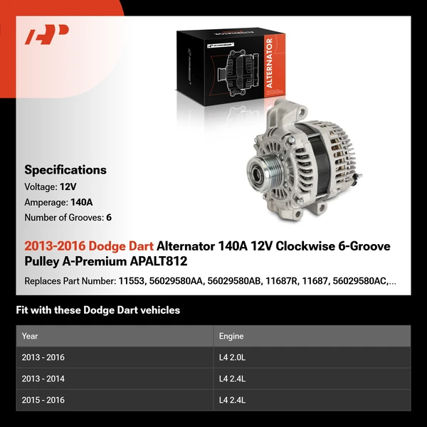 2013-2016 Dodge Dart Alternator 140A 12V Clockwise 6-Groove Pulley A-Premium APALT812