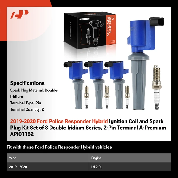 2019-2020 Ford Police Responder Hybrid Ignition Coil and Spark Plug Kit Set of 8 Double Iridium Series, 2-Pin Terminal A-Premium APIC1182