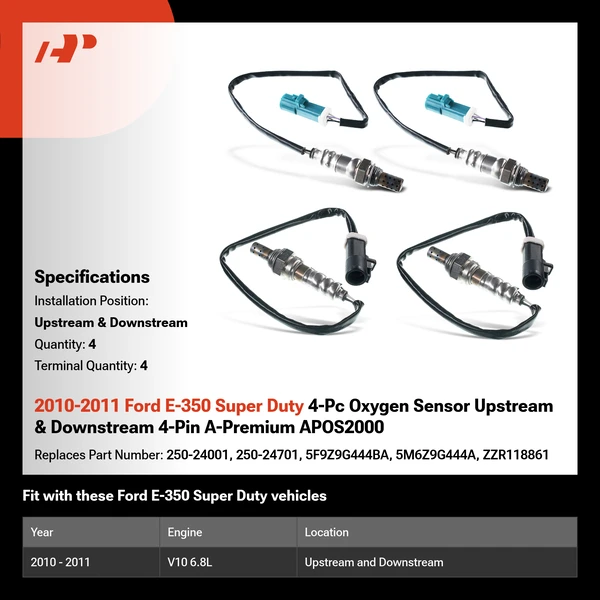 2010-2011 Ford E-350 Super Duty 4-Pc Oxygen Sensor Upstream & Downstream 4-Pin A-Premium APOS2000