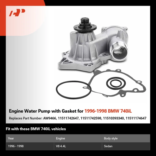 Engine Water Pump with Gasket for 1996-1998 BMW 740iL