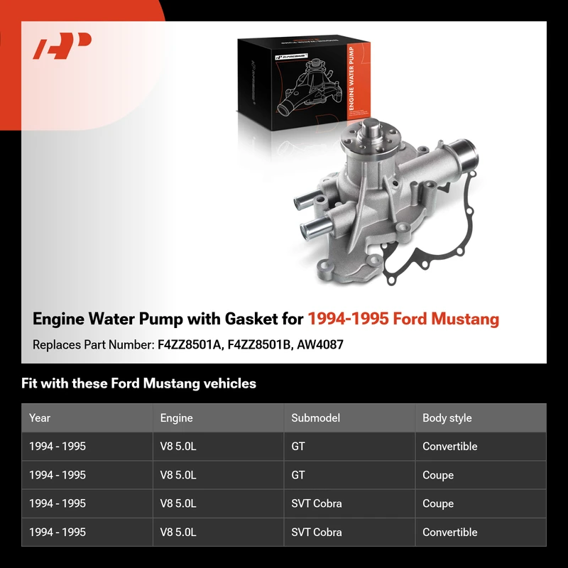 Engine Water Pump with Gasket for 1994-1995 Ford Mustang