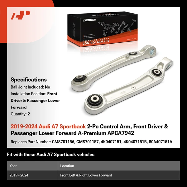 2019-2024 Audi A7 Sportback 2-Pc Control Arm, Front Driver & Passenger Lower Forward A-Premium APCA7942