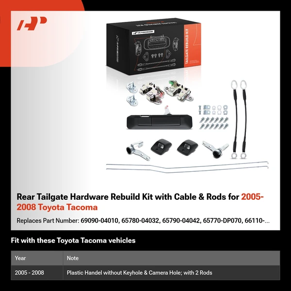 Rear Tailgate Hardware Rebuild Kit with Cable & Rods for 2005-2008 Toyota Tacoma