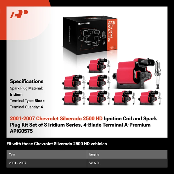2001-2007 Chevrolet Silverado 2500 HD Ignition Coil and Spark Plug Kit Set of 8 Iridium Series, 4-Blade Terminal A-Premium APIC0575
