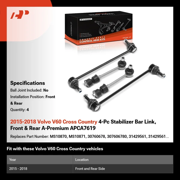 2015-2018 Volvo V60 Cross Country 4-Pc Stabilizer Bar Link, Front & Rear A-Premium APCA7619