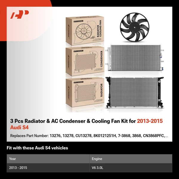 3 Pcs Radiator & AC Condenser & Cooling Fan Kit for 2013-2015 Audi S4