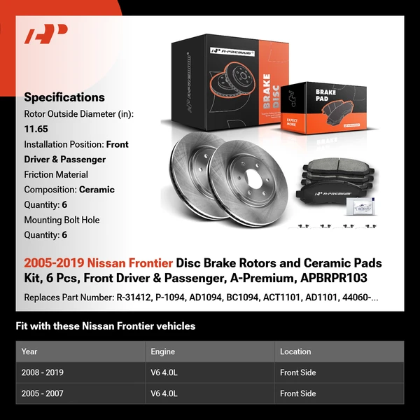 2005-2019 Nissan Frontier Disc Brake Rotors and Ceramic Pads Kit, 6 Pcs, Front Driver & Passenger, A-Premium, APBRPR103