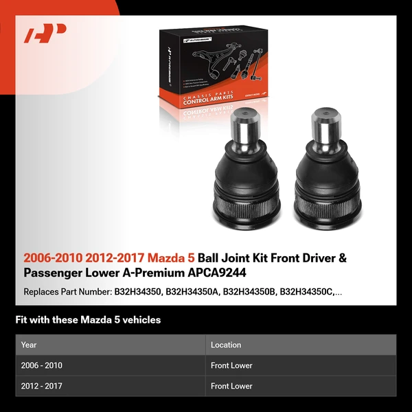2006-2010 2012-2017 Mazda 5 Ball Joint Kit Front Driver & Passenger Lower A-Premium APCA9244