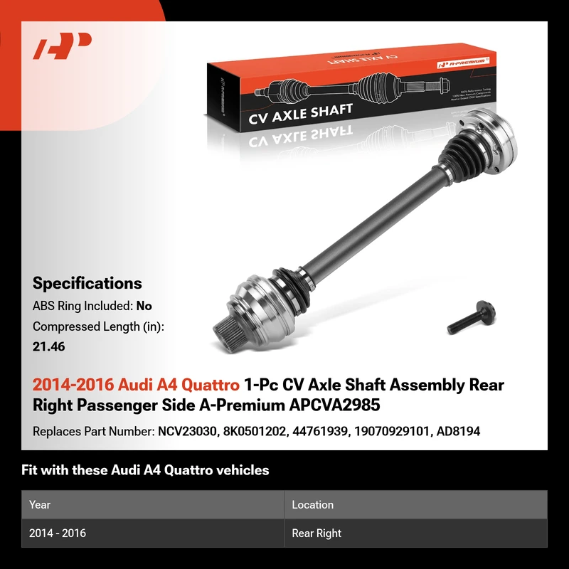 2014-2016 Audi A4 Quattro 1-Pc CV Axle Shaft Assembly Rear Right Passenger Side A-Premium APCVA2985