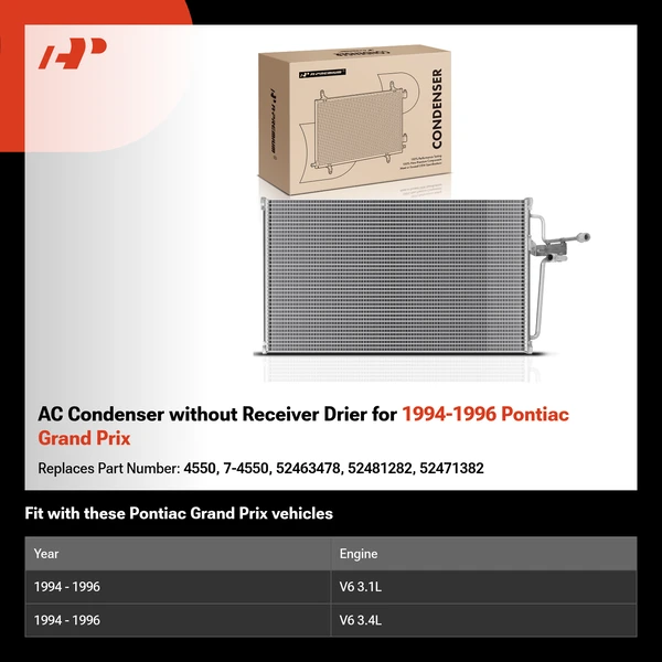 AC Condenser without Receiver Drier for 1994-1996 Pontiac Grand Prix